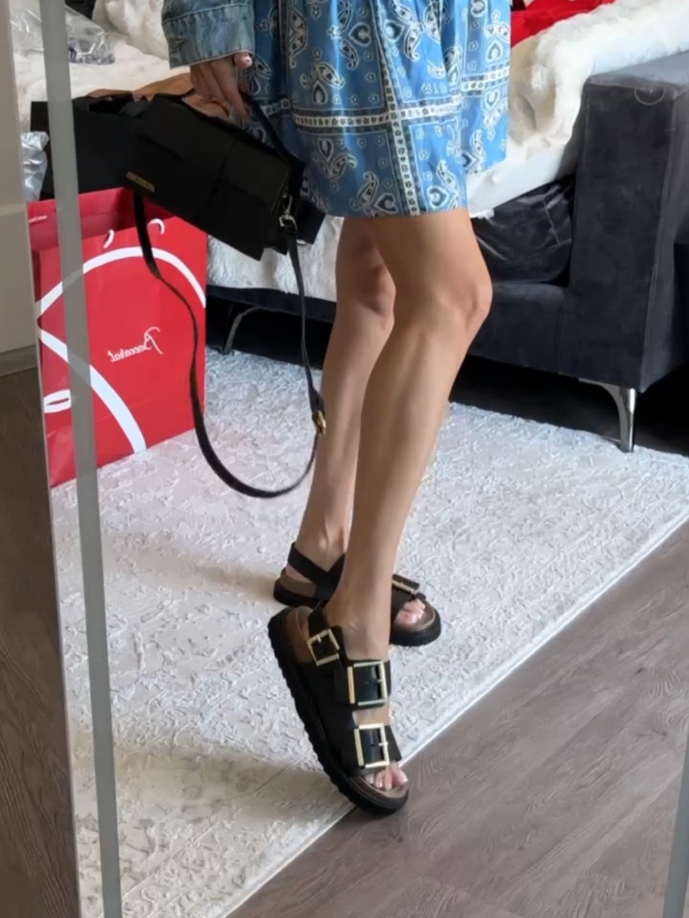 AllSaints Black Platform Sandals with Gold Buckles